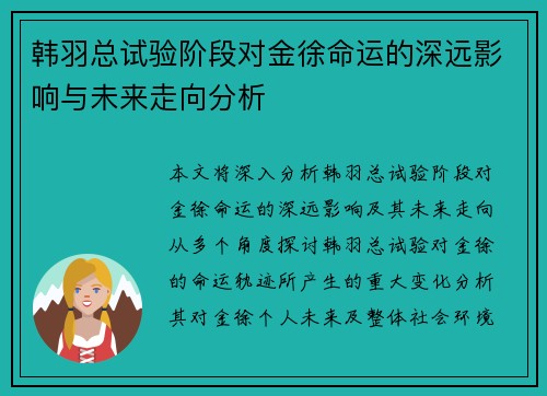 韩羽总试验阶段对金徐命运的深远影响与未来走向分析