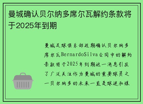 曼城确认贝尔纳多席尔瓦解约条款将于2025年到期